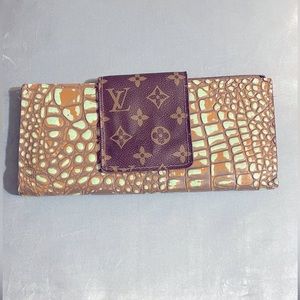 Upcycled Louis Vuitton wallet. Beautiful brown and turquoise embossed leather.